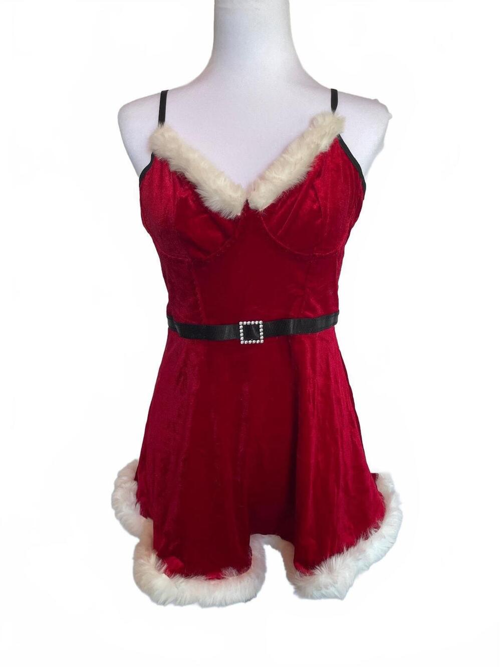 Mrs. Claus Costume Babydoll Dress Red Velvet Faux Fur Christmas Lingerie L NWT